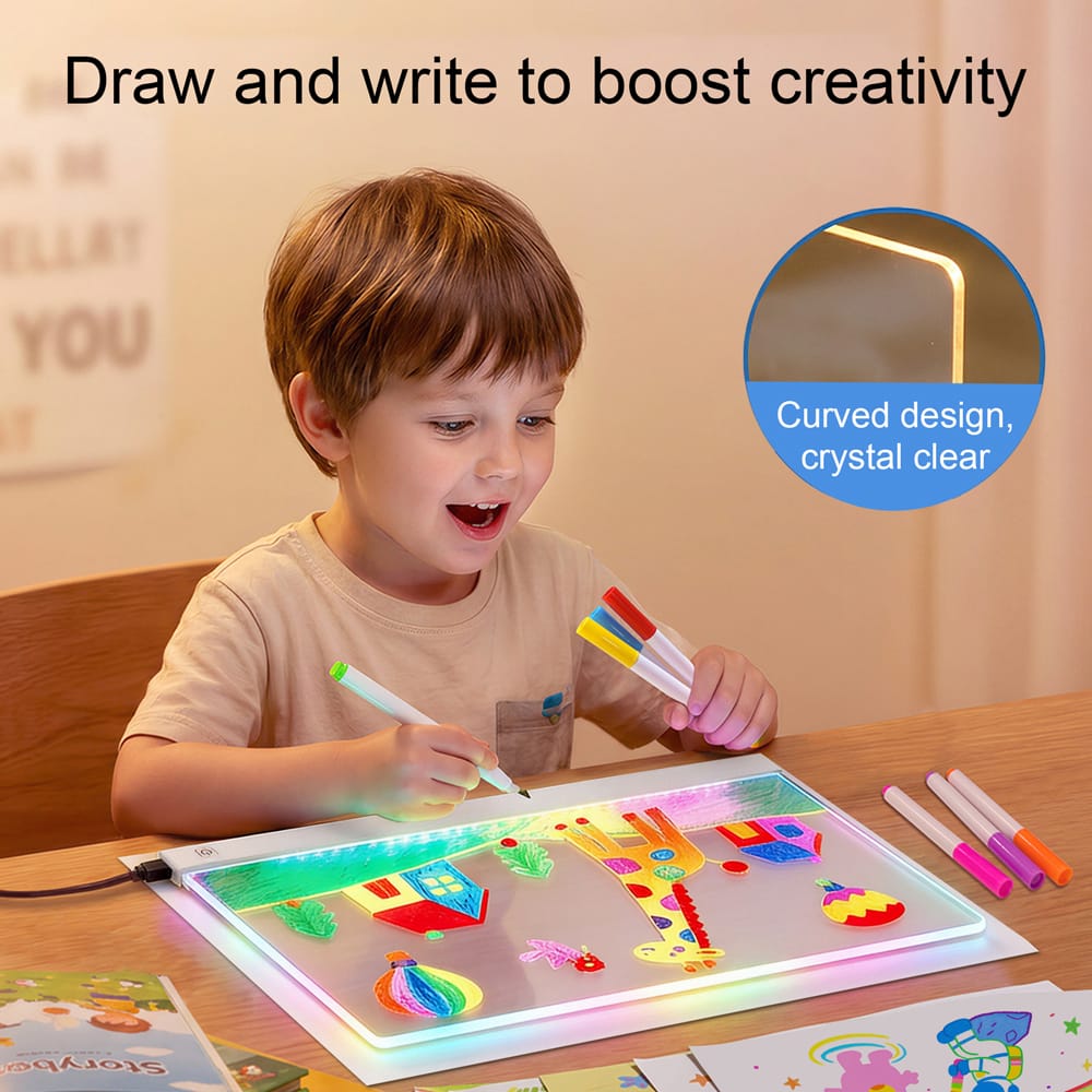 Magic Glow Drawing Pad for Kids – LED Light Writing Board with 12 Color Pens, Reusable Art &amp; Learning Toy